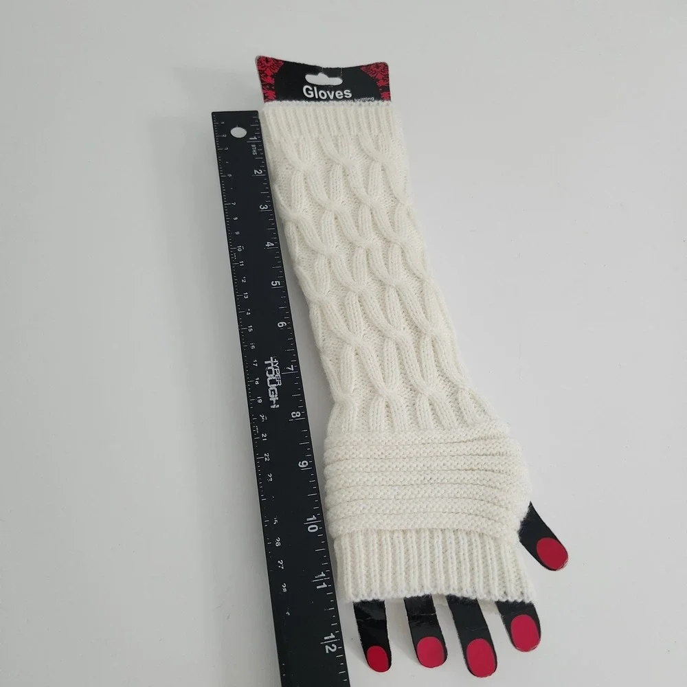 Cable Knit Long Arm Warmers‎ Fingerless Gloves Thumb Hole NEW